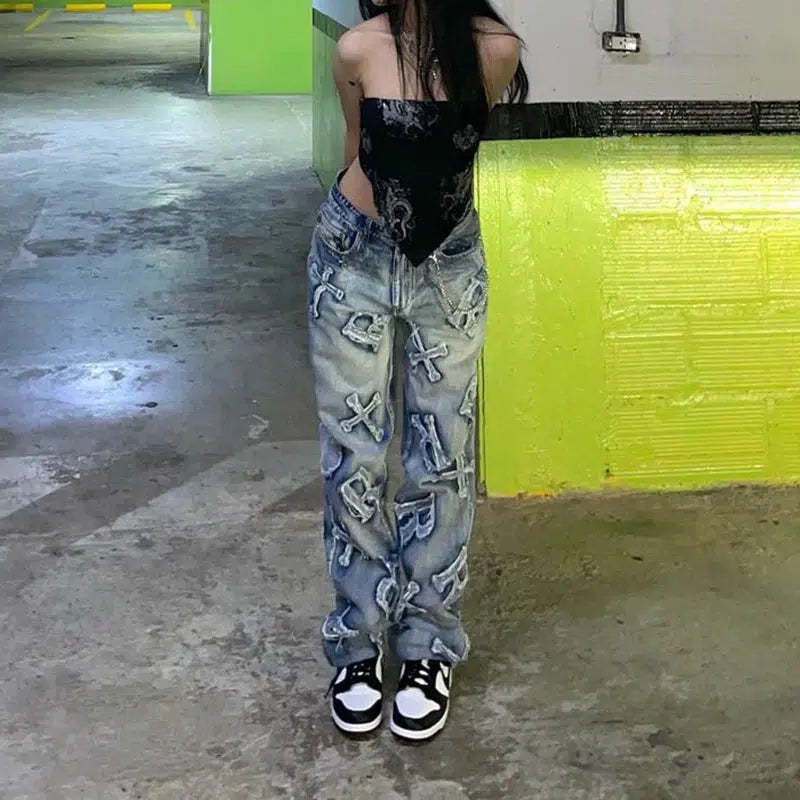 Embroidered Patchwork Y2K Baggy Low Waist 90S Jeans
