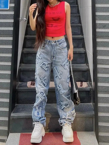 Embroidered Patchwork Y2K Baggy Low Waist 90S Jeans