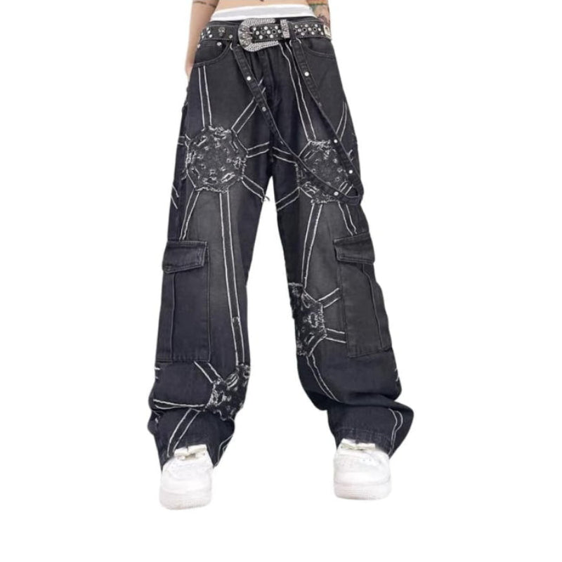 Embroidered Spider Web Y2K Jeans