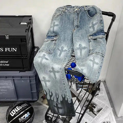 Flame Y2K Cross Graphic Print Straight Baggy Jeans