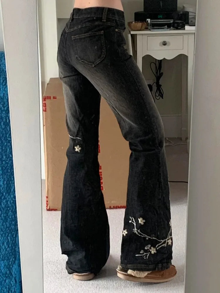 Floral Embroidered Y2K Vintage Flared Jeans