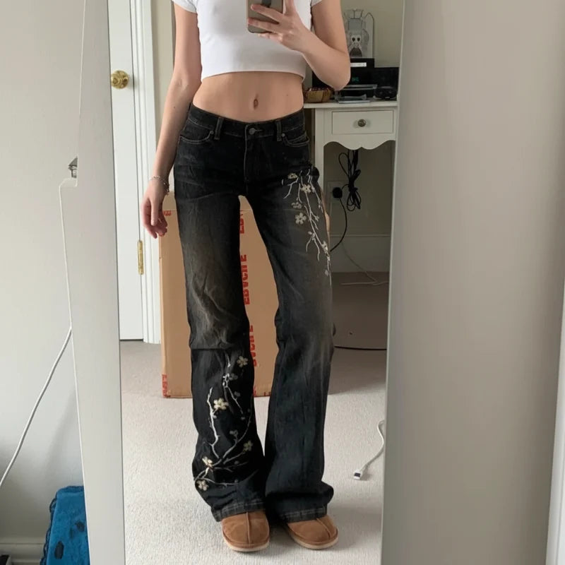 Floral Embroidered Y2K Vintage Flared Jeans