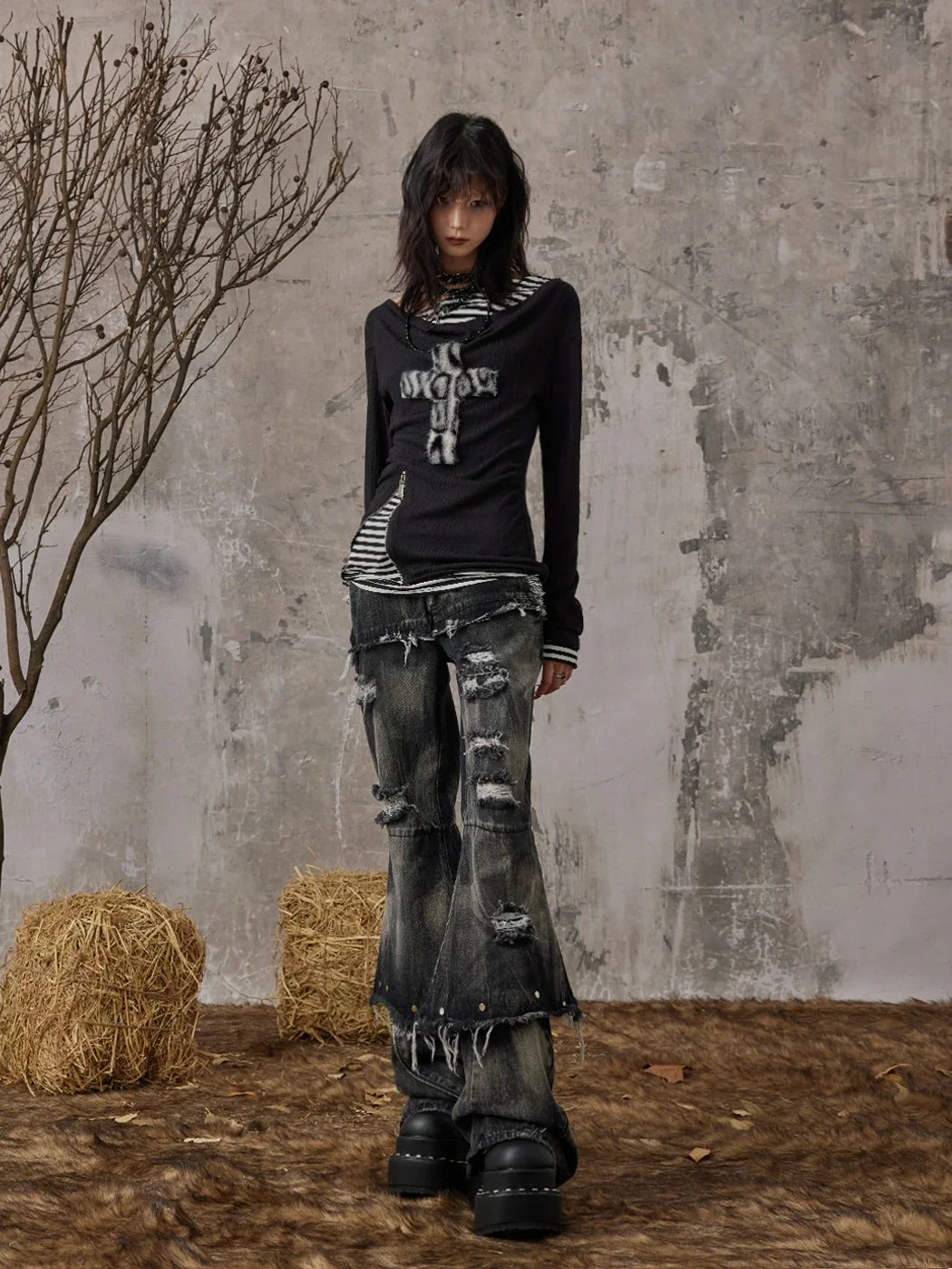 Gothic Wasteland Punk Y2K Trashy Off Shoulder Long Sleeve Top