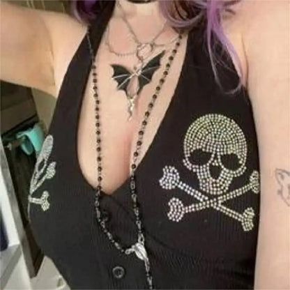 Gothic Y2K Button Rhinestone Halter Cami Top