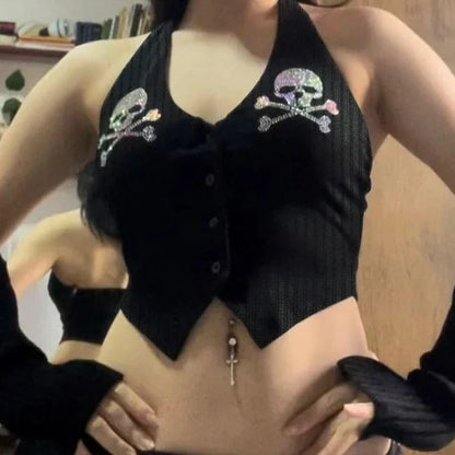 Gothic Y2K Button Rhinestone Halter Cami Top