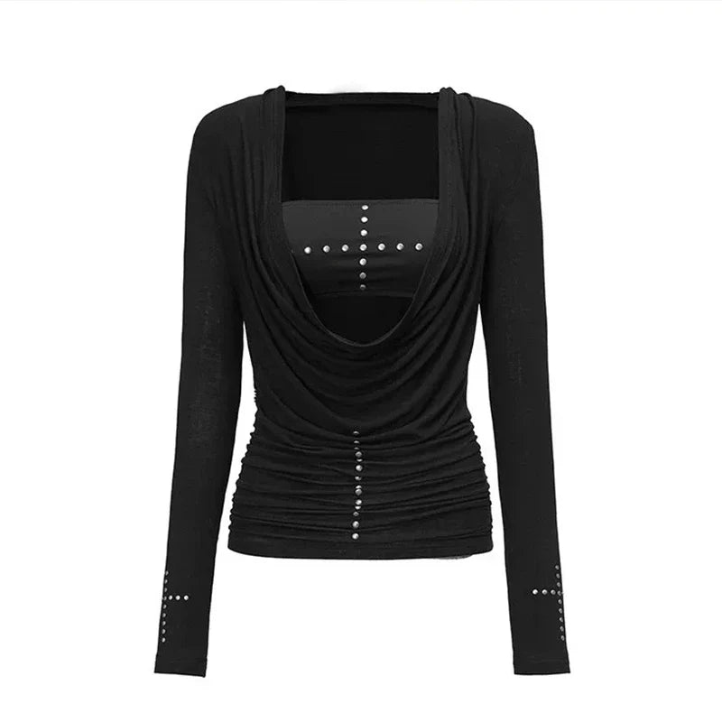 Gothic Y2K Irregular Rivet Long Sleeve Top