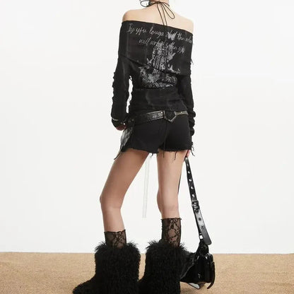 Gothic Y2K Lace Up Grunge Off Shoulder Graphic Long Sleeve Top