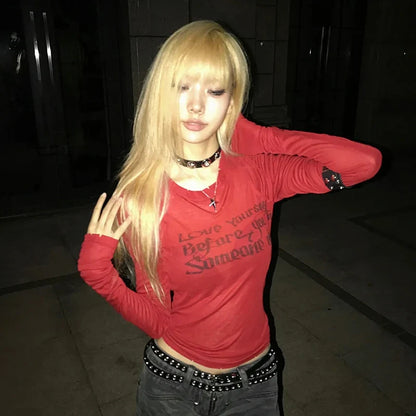 Grunge Y2K Aesthetic Letter Graphic Print Long Sleeve Top