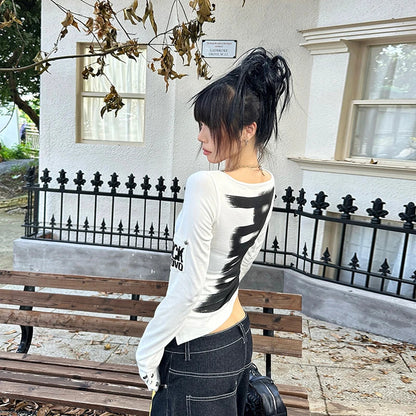 Grunge Y2K Graphic Long Sleeve Button Top