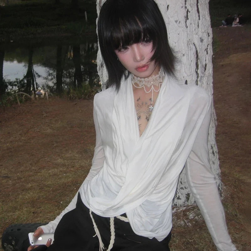 Grunge Y2K Plunge Low Cut Long Sleeve Top