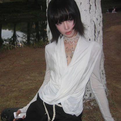 Grunge Y2K Plunge Low Cut Long Sleeve Top