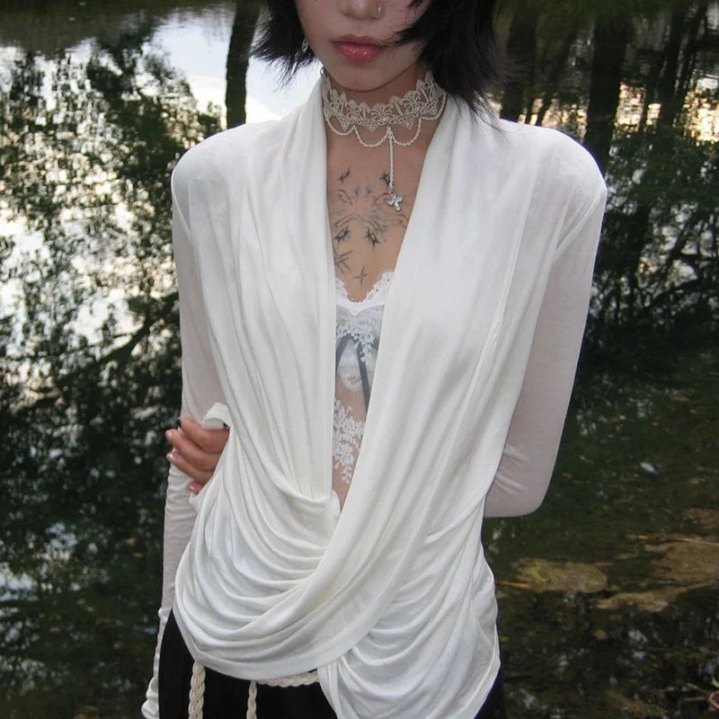Grunge Y2K Plunge Low Cut Long Sleeve Top