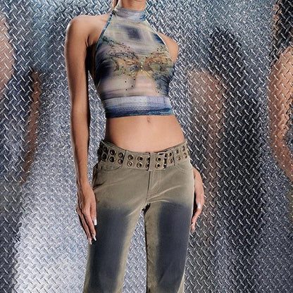Grunge Y2K Rhinestone Butterfly Crop Halter Top