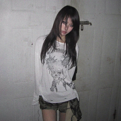 Grunge Y2K Skull Graphic Long Sleeve Top