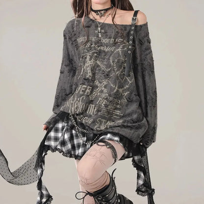 Grunge Y2K Star Girl Distressed Long Sleeve Top