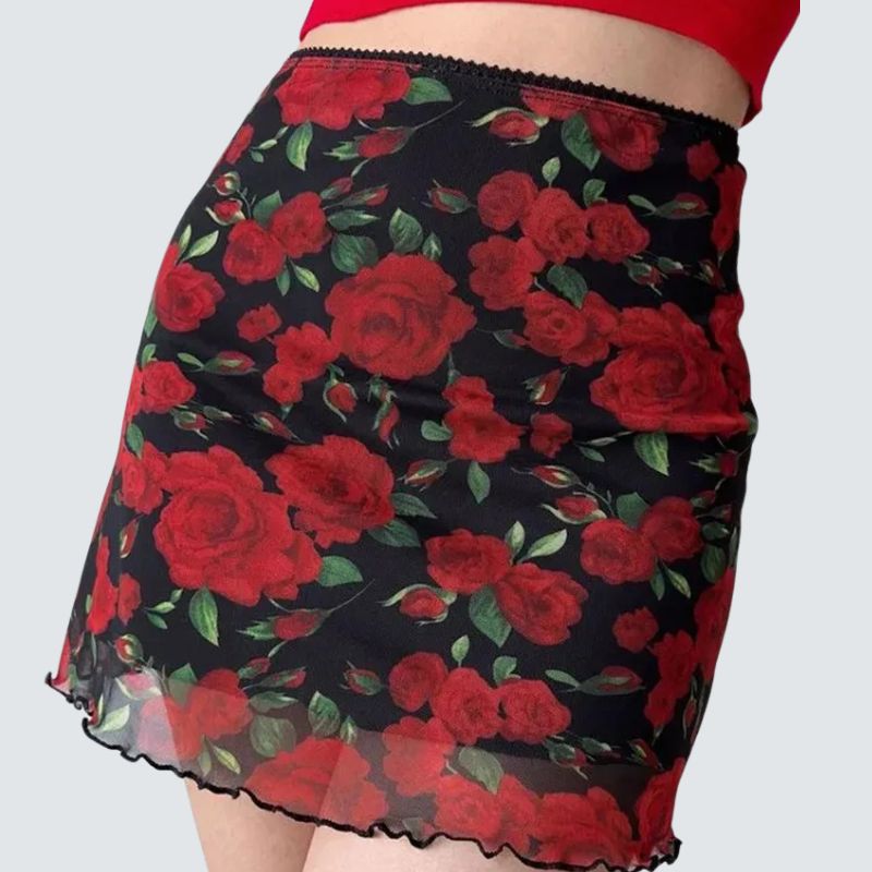 High Waist Y2K Mesh Rose Print Mini Skirt