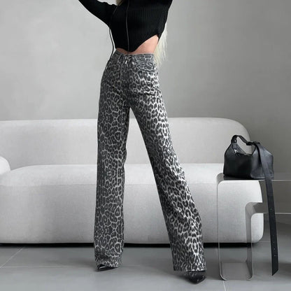High Waist Y2K Snow Leopard Print Flares