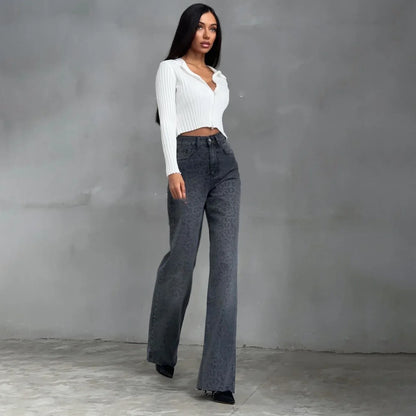 High Waist Y2K Snow Leopard Print Flares