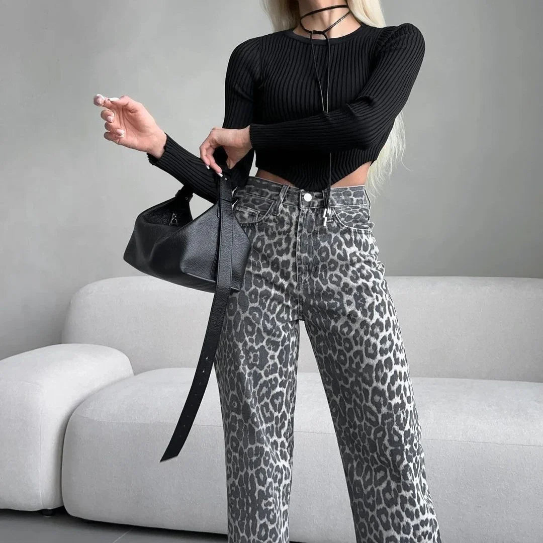 High Waist Y2K Snow Leopard Print Flares