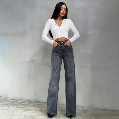 High Waist Y2K Snow Leopard Print Flares