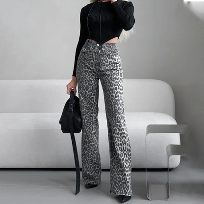 High Waist Y2K Snow Leopard Print Flares