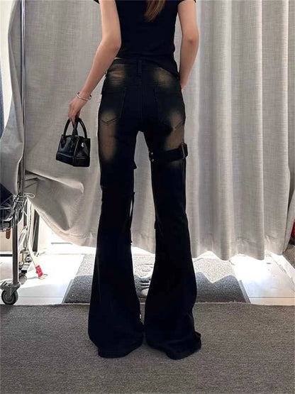 High Waist Y2K Washed Cargo Flared Jeans