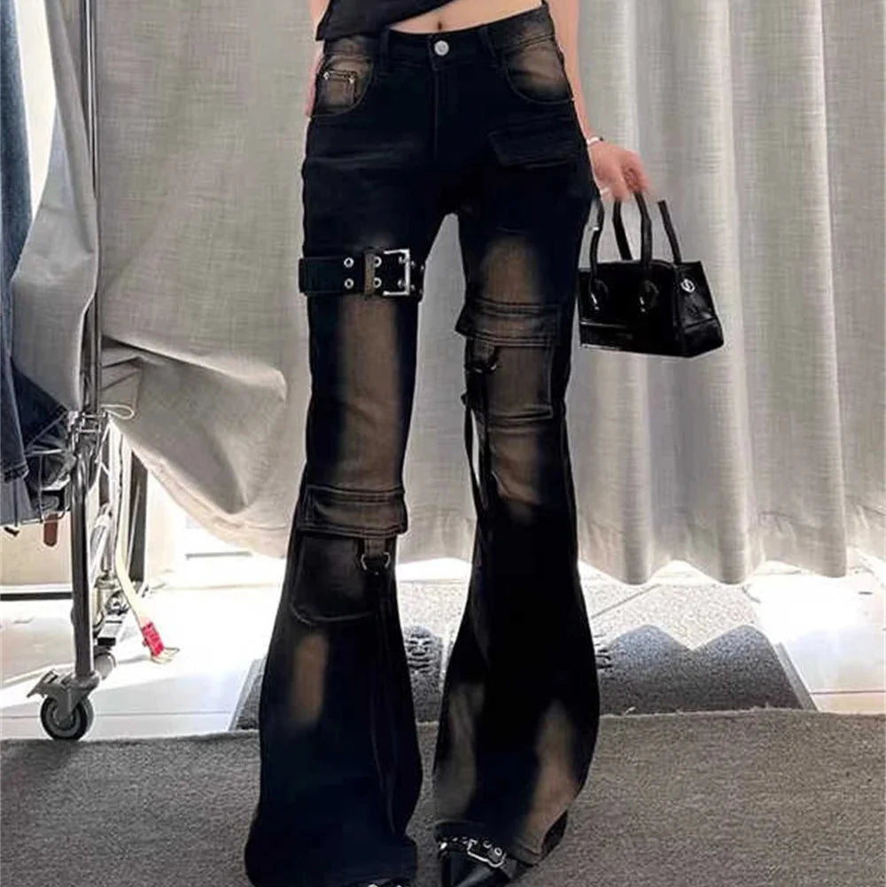 High Waist Y2K Washed Cargo Flared Jeans