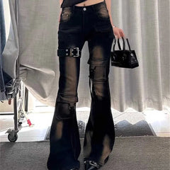 High Waist Y2K Washed Cargo Flared Jeans