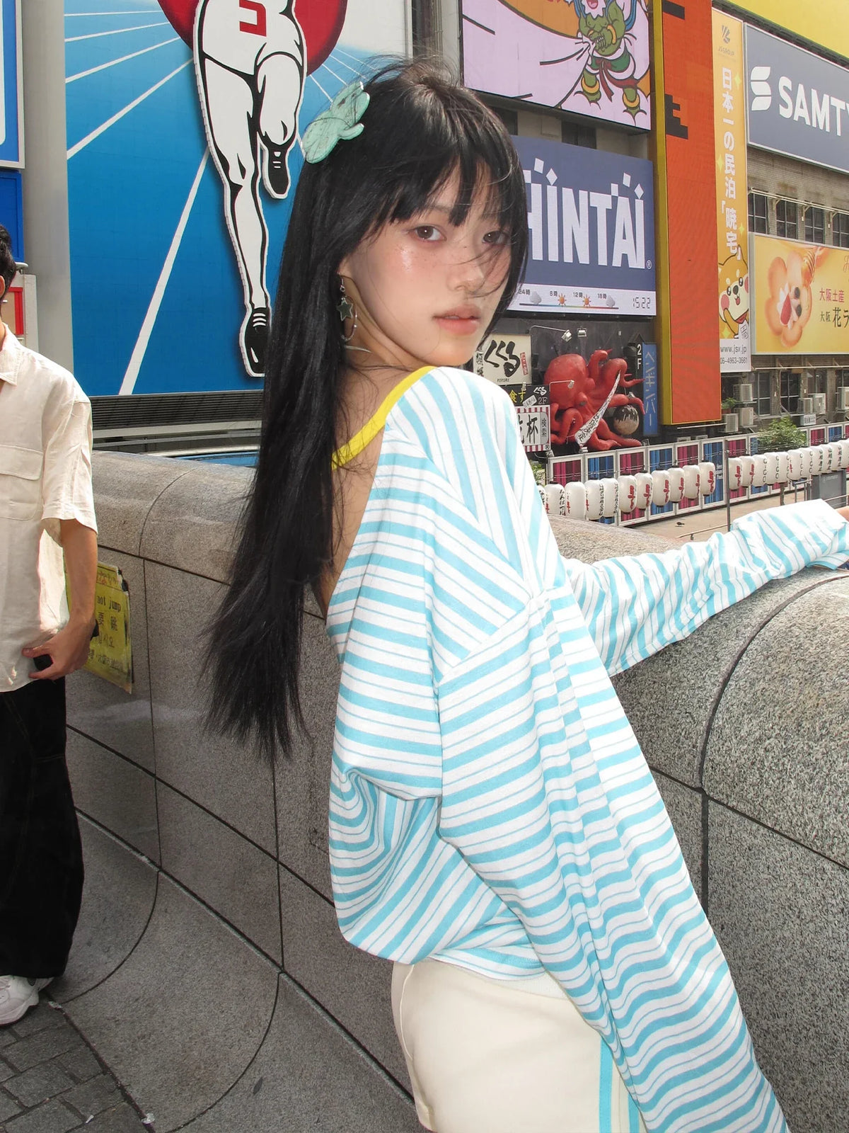 Japanese Y2K Blue Striped Low Cut V Neck Long Sleeve Top