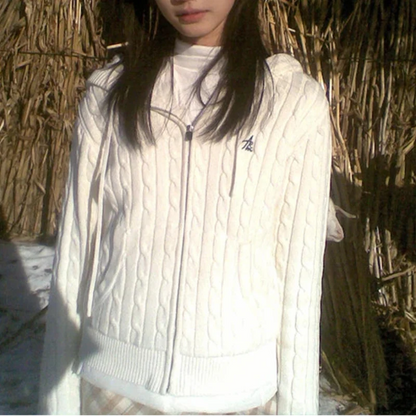 Japanese Y2K Cable Knit White Hooded Cardigan