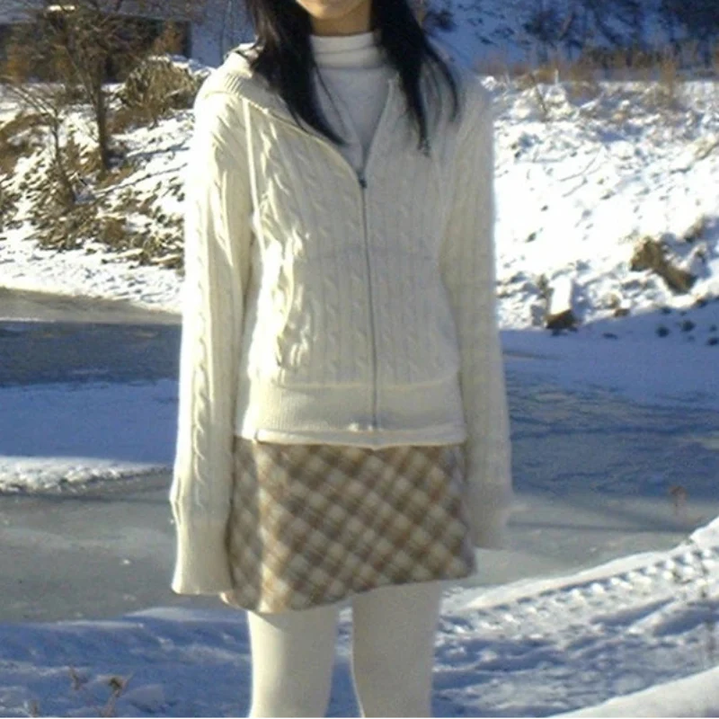 Japanese Y2K Cable Knit White Hooded Cardigan