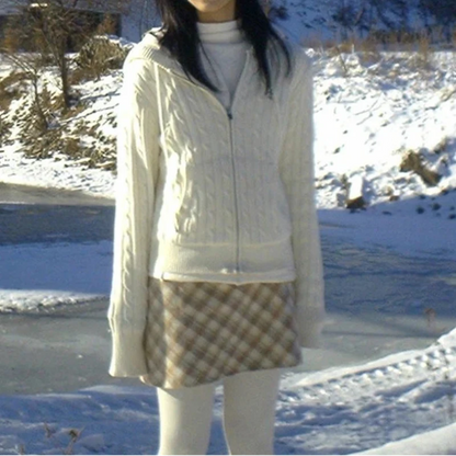 Japanese Y2K Cable Knit White Hooded Cardigan