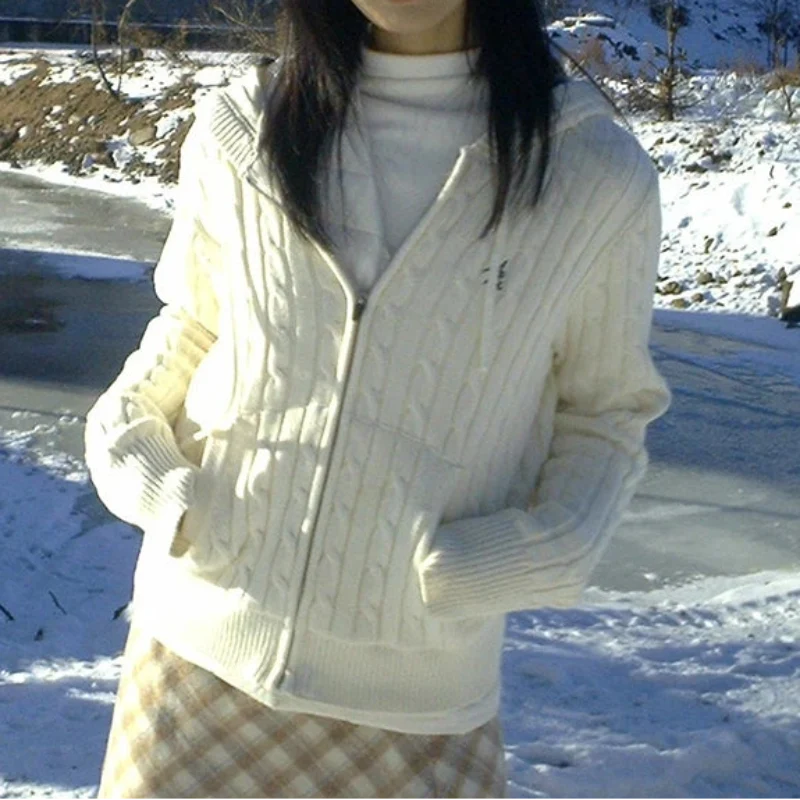 Japanese Y2K Cable Knit White Hooded Cardigan