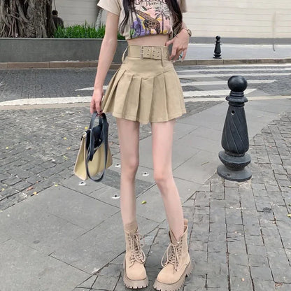 Korean Y2K High Waist With Belt Pleated Mini Skirt