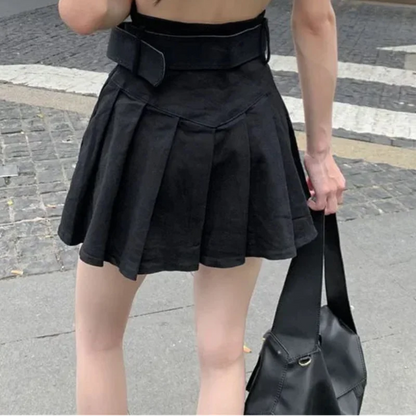 Korean Y2K High Waist With Belt Pleated Mini Skirt