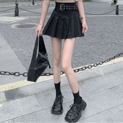Korean Y2K High Waist With Belt Pleated Mini Skirt