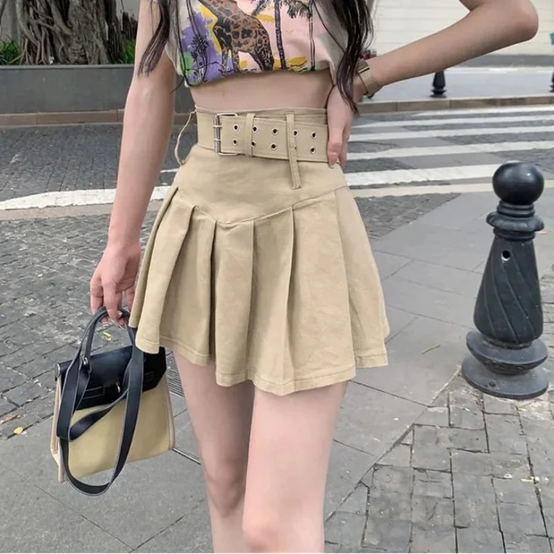 Korean Y2K High Waist With Belt Pleated Mini Skirt