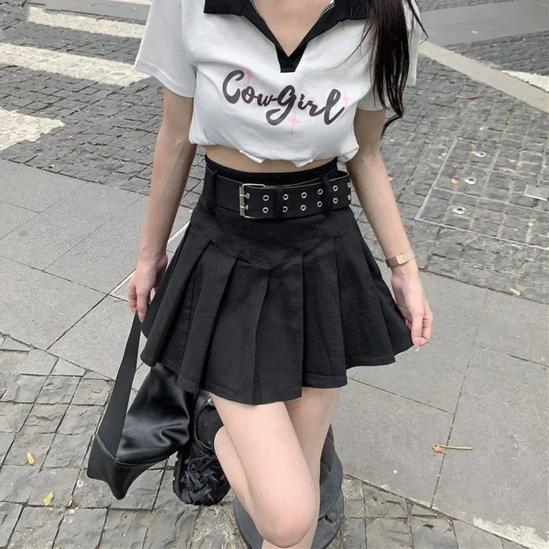 Korean Y2K High Waist With Belt Pleated Mini Skirt