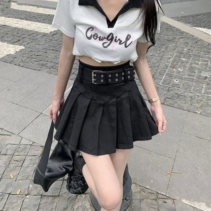 Korean Y2K High Waist With Belt Pleated Mini Skirt