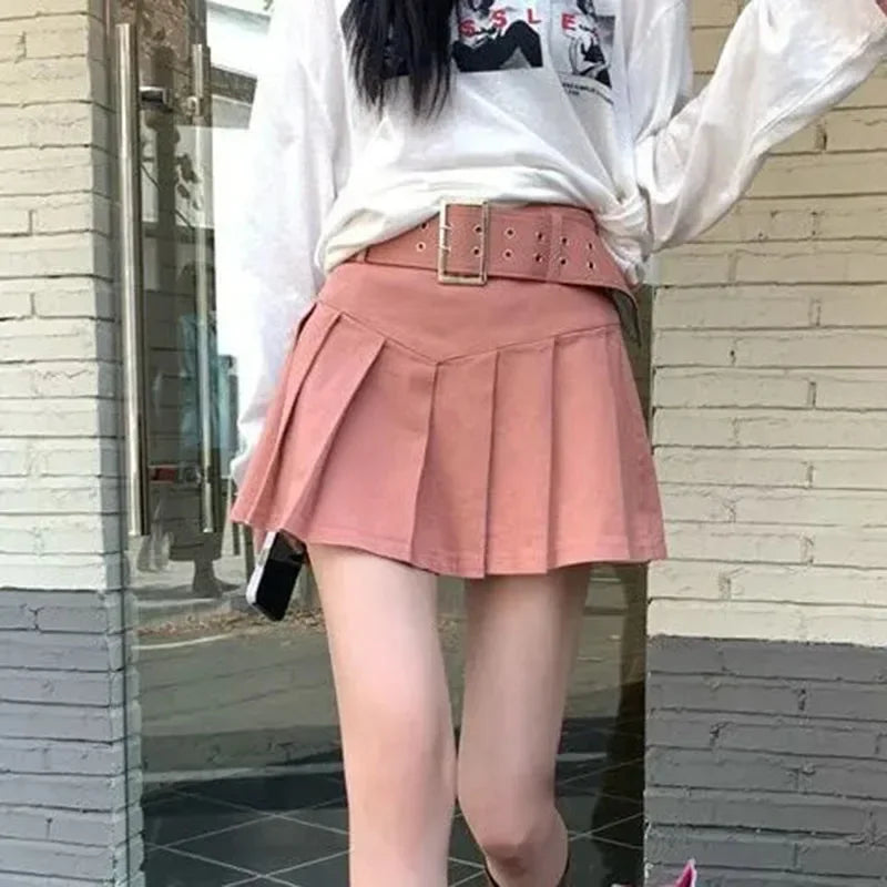 Korean Y2K High Waist With Belt Pleated Mini Skirt