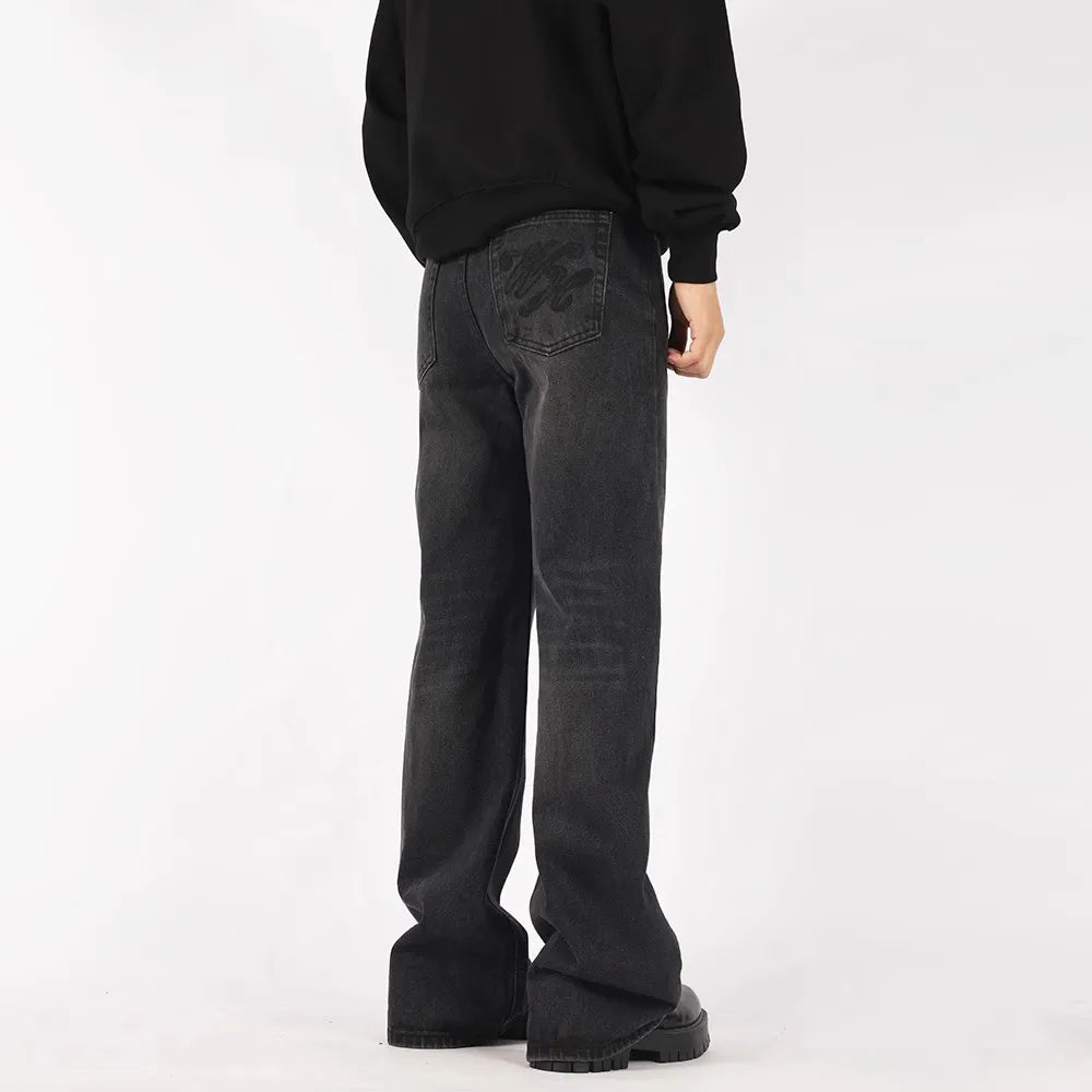 Mens Black Y2K Letter Embroidered Flared Denim Jeans