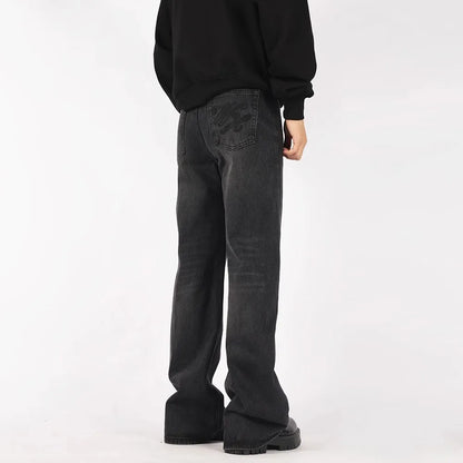 Mens Black Y2K Letter Embroidered Flared Denim Jeans