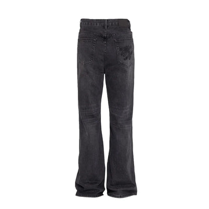Mens Black Y2K Letter Embroidered Flared Denim Jeans