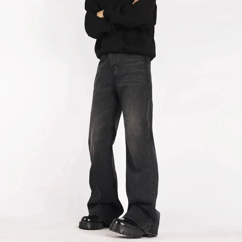 Mens Black Y2K Letter Embroidered Flared Denim Jeans