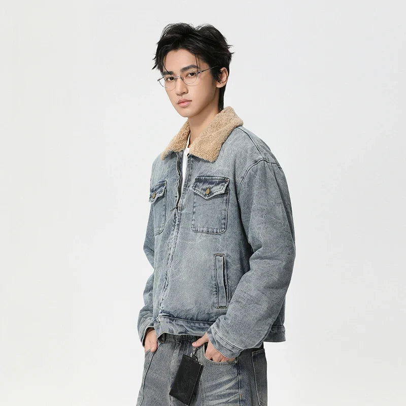 Mens Y2K Faux Wool Collar Washed Denim Jacket