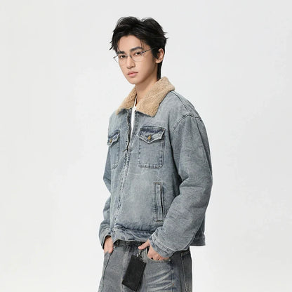 Mens Y2K Faux Wool Collar Washed Denim Jacket