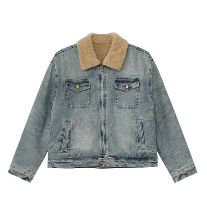 Mens Y2K Faux Wool Collar Washed Denim Jacket