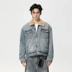 Mens Y2K Faux Wool Collar Washed Denim Jacket