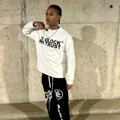 Mens Y2K "IN GLOCK WE TRUST" Graphic Long Sleeve Top T Shirt