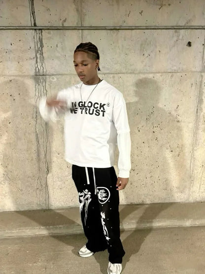 Mens Y2K "IN GLOCK WE TRUST" Graphic Long Sleeve Top T Shirt